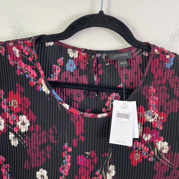 NEW $109 J Jill Wearever Womens Large Black Floral Pleated Tunic Top Shirt - Picture 2 of 11
